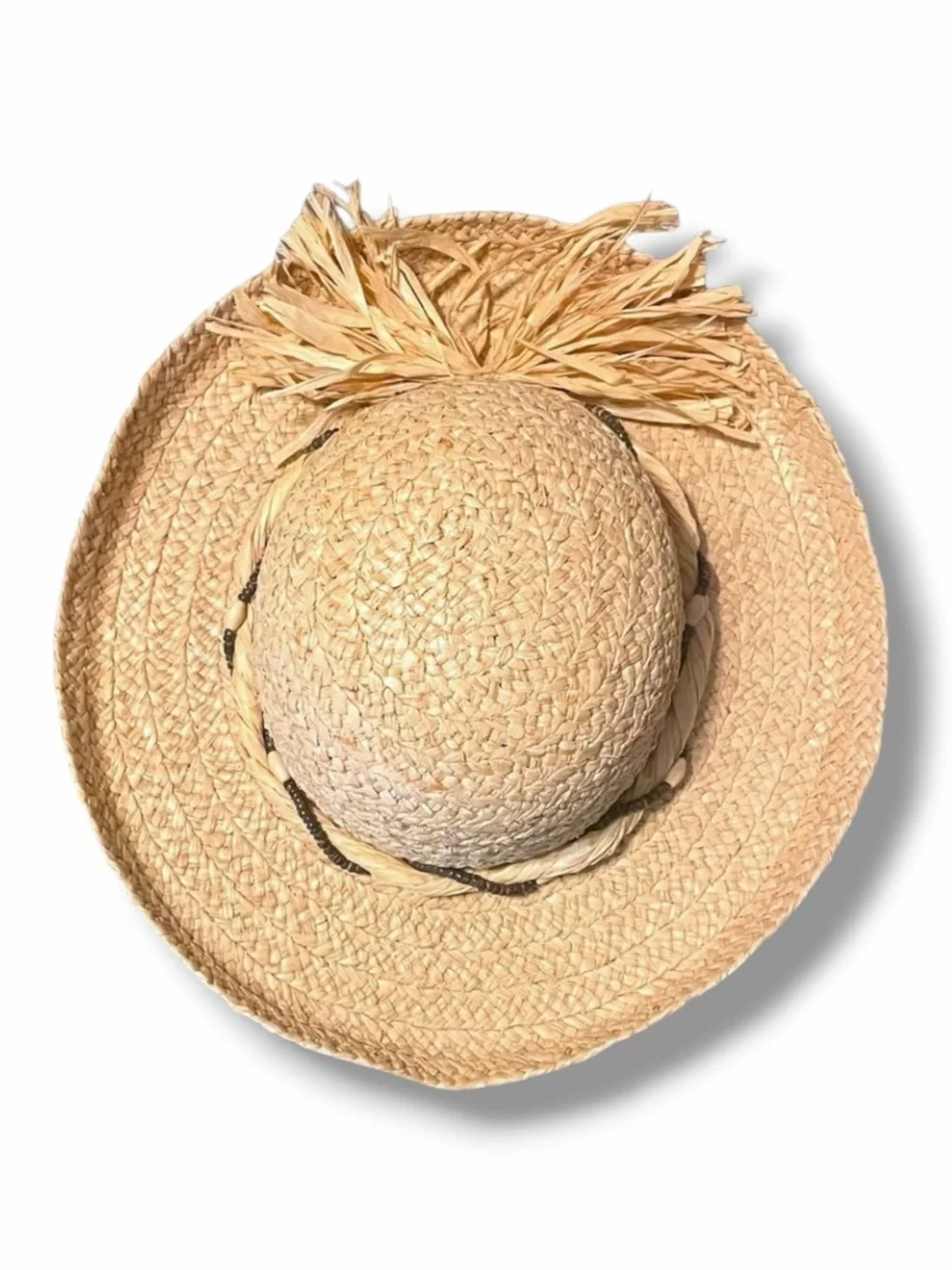 SCALA Woven Natural Fiber Straw Sun Hat Beaded Raffia Bow Resort Vacation Boho